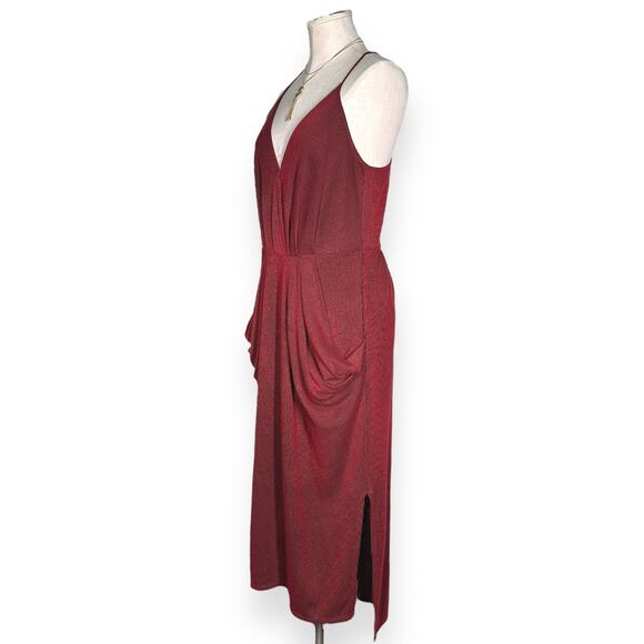 BCBGENERATION Draped Rib Knit Faux Wrap Midi Dress Spaghetti Strap Red - Picture 5 of 9